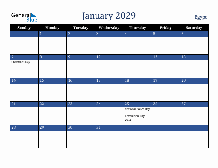 January 2029 Egypt Calendar (Sunday Start)