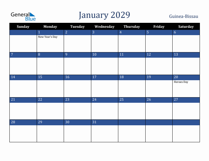 January 2029 Guinea-Bissau Calendar (Sunday Start)