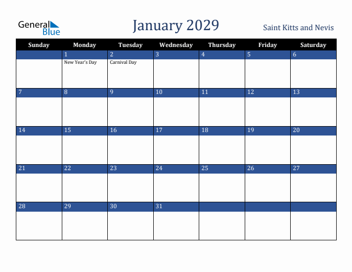 January 2029 Saint Kitts and Nevis Calendar (Sunday Start)