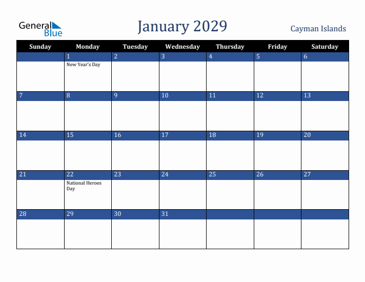 January 2029 Cayman Islands Calendar (Sunday Start)