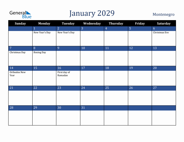 January 2029 Montenegro Calendar (Sunday Start)