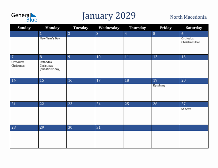 January 2029 North Macedonia Calendar (Sunday Start)