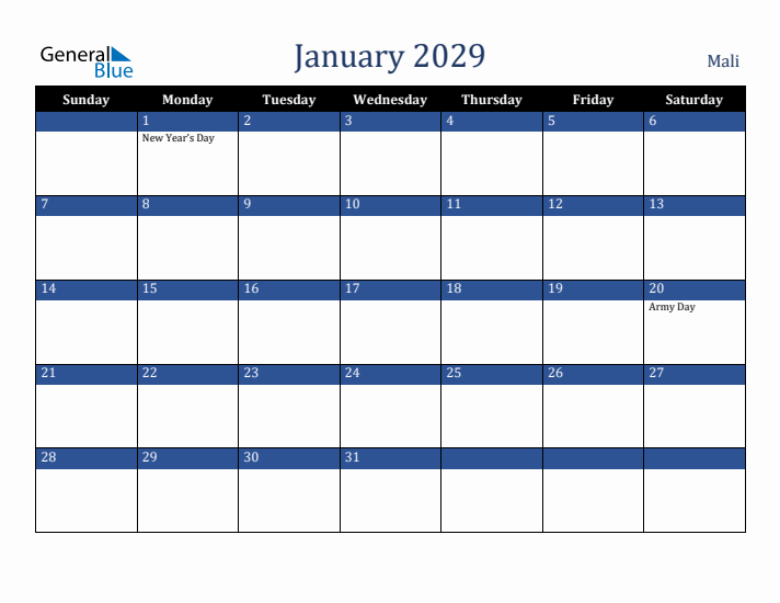 January 2029 Mali Calendar (Sunday Start)