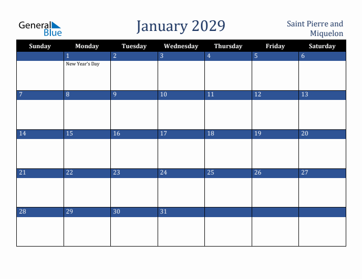 January 2029 Saint Pierre and Miquelon Calendar (Sunday Start)