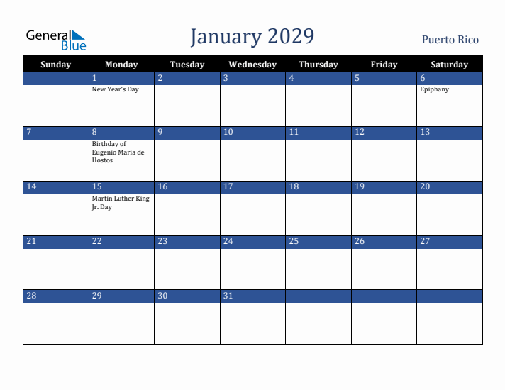 January 2029 Puerto Rico Calendar (Sunday Start)