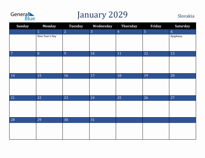 January 2029 Slovakia Calendar (Sunday Start)