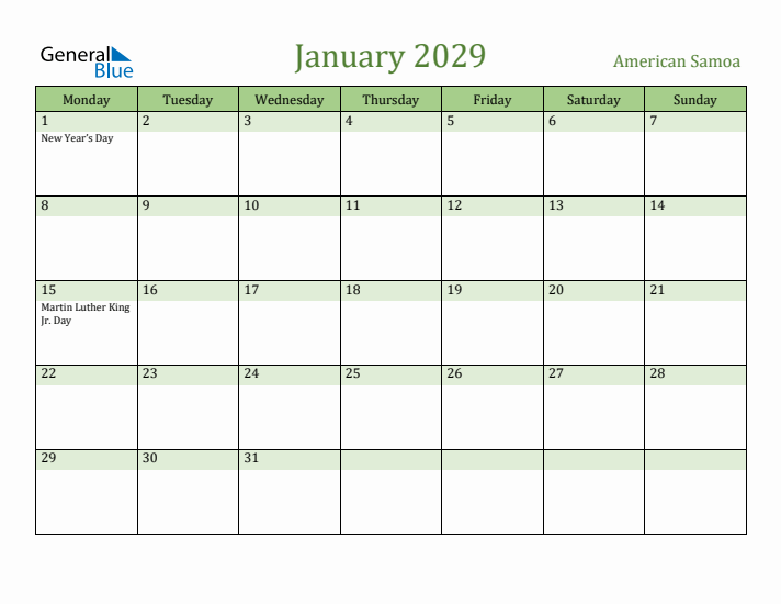 January 2029 Calendar with American Samoa Holidays