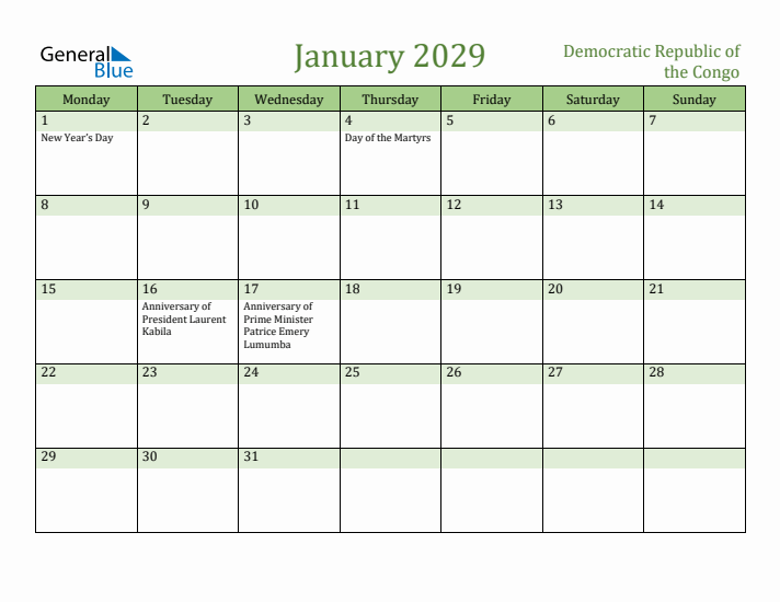 January 2029 Calendar with Democratic Republic of the Congo Holidays