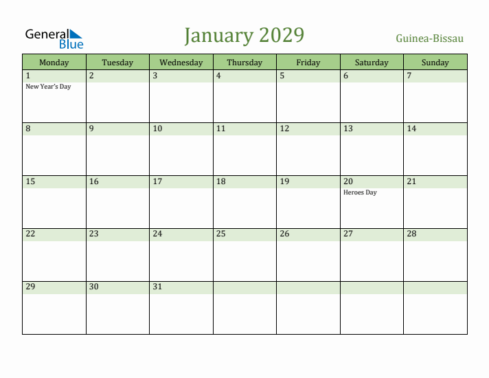 January 2029 Calendar with Guinea-Bissau Holidays