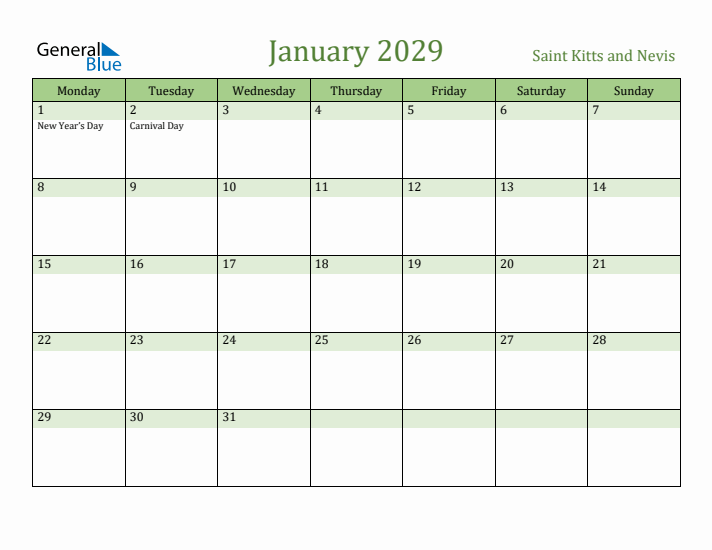 January 2029 Calendar with Saint Kitts and Nevis Holidays