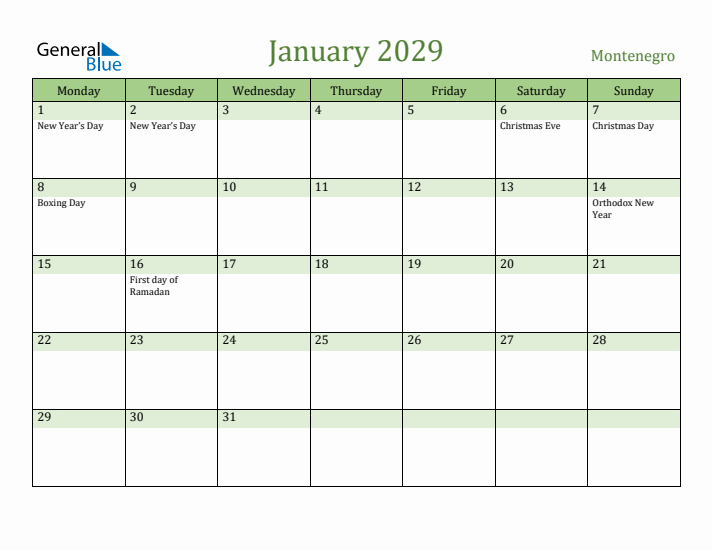 January 2029 Calendar with Montenegro Holidays