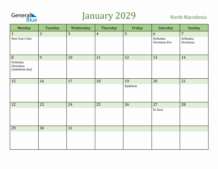 January 2029 Calendar with North Macedonia Holidays