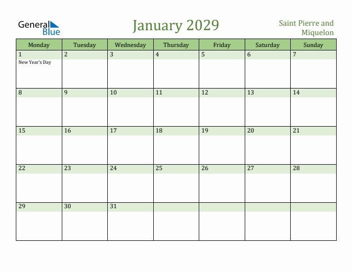 January 2029 Calendar with Saint Pierre and Miquelon Holidays