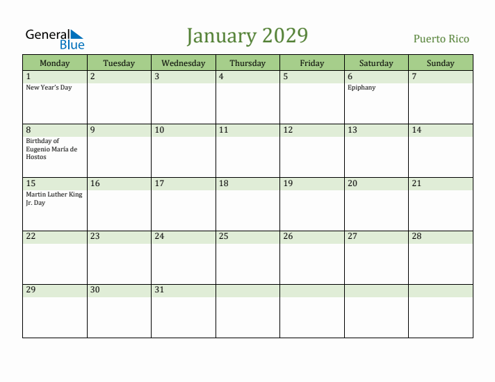 January 2029 Calendar with Puerto Rico Holidays