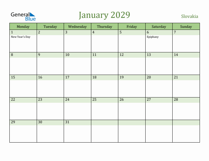 January 2029 Calendar with Slovakia Holidays