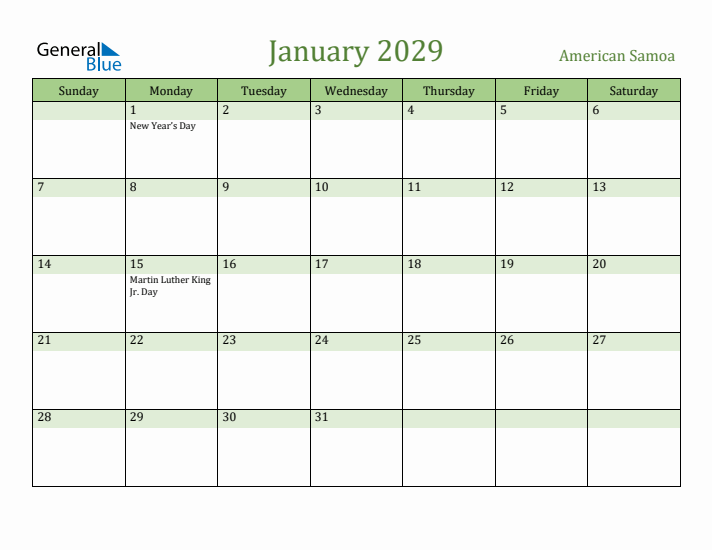 January 2029 Calendar with American Samoa Holidays