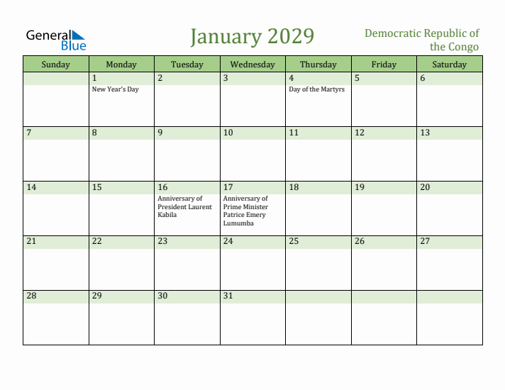 January 2029 Calendar with Democratic Republic of the Congo Holidays