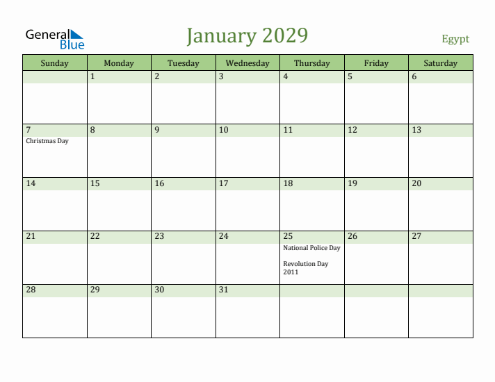 January 2029 Calendar with Egypt Holidays