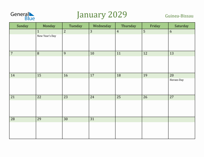 January 2029 Calendar with Guinea-Bissau Holidays