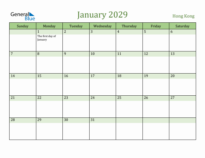 January 2029 Calendar with Hong Kong Holidays