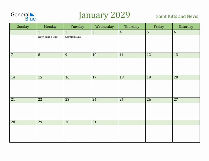 January 2029 Calendar with Saint Kitts and Nevis Holidays