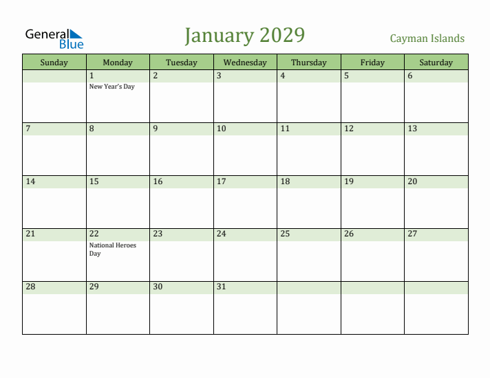 January 2029 Calendar with Cayman Islands Holidays