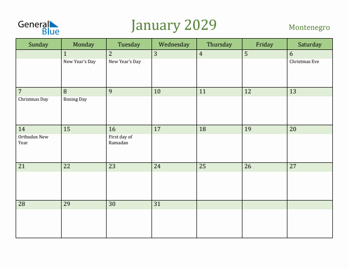 January 2029 Calendar with Montenegro Holidays