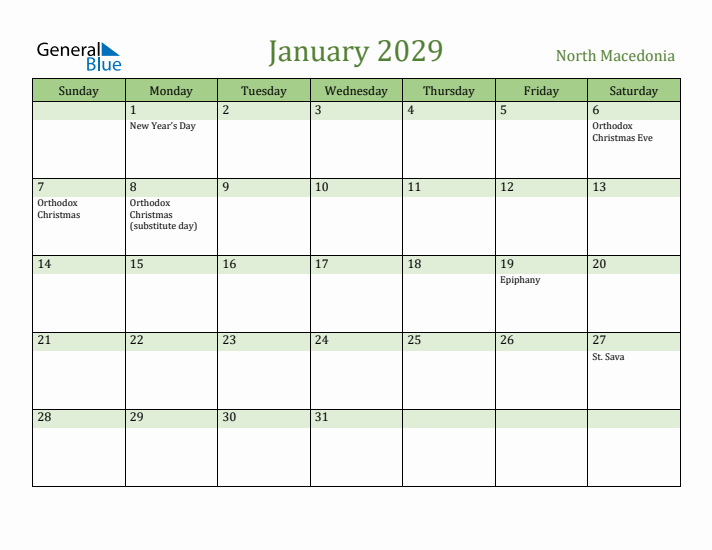 January 2029 Calendar with North Macedonia Holidays