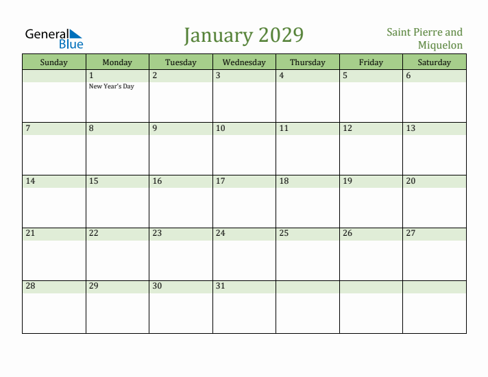 January 2029 Calendar with Saint Pierre and Miquelon Holidays