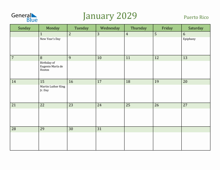January 2029 Calendar with Puerto Rico Holidays