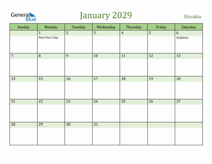 January 2029 Calendar with Slovakia Holidays