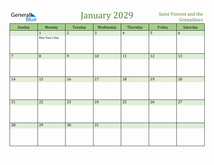 January 2029 Calendar with Saint Vincent and the Grenadines Holidays