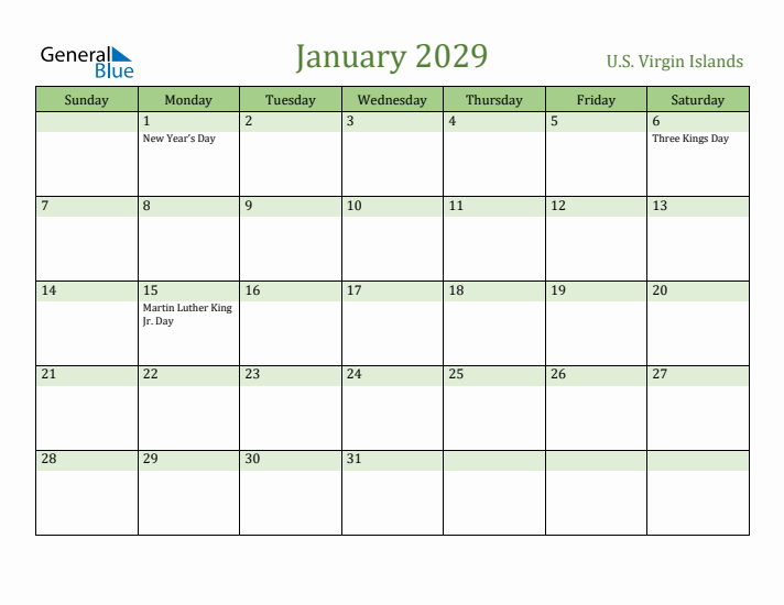 January 2029 Calendar with U.S. Virgin Islands Holidays