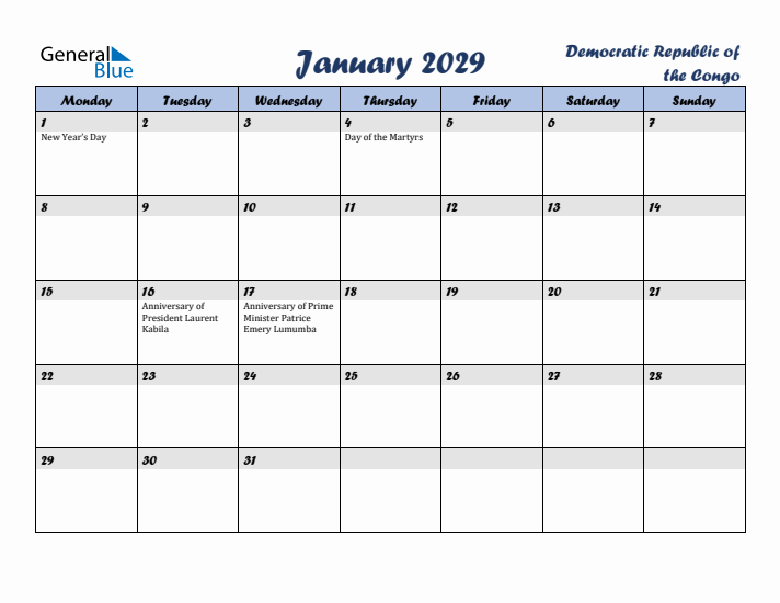January 2029 Calendar with Holidays in Democratic Republic of the Congo