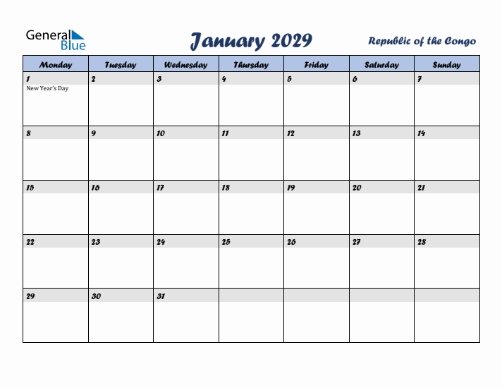January 2029 Calendar with Holidays in Republic of the Congo
