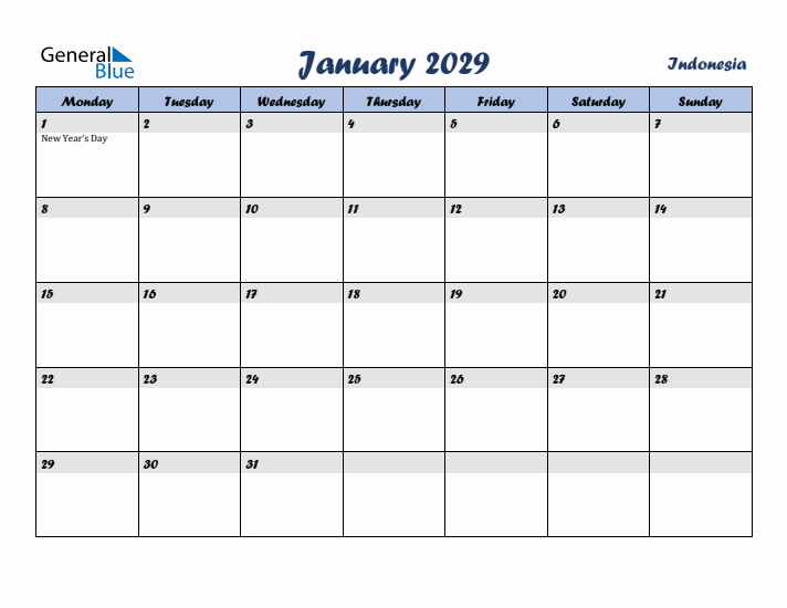 January 2029 Calendar with Holidays in Indonesia