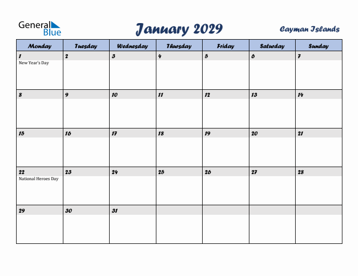 January 2029 Calendar with Holidays in Cayman Islands