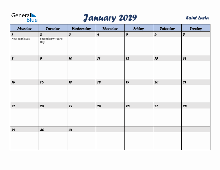 January 2029 Calendar with Holidays in Saint Lucia