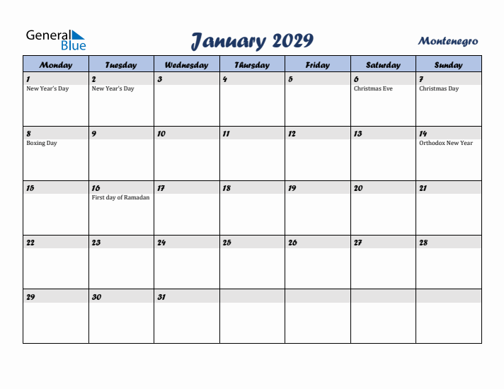 January 2029 Calendar with Holidays in Montenegro