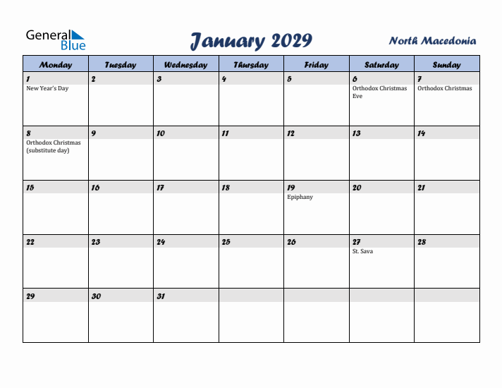 January 2029 Calendar with Holidays in North Macedonia