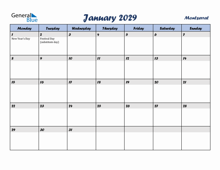 January 2029 Calendar with Holidays in Montserrat
