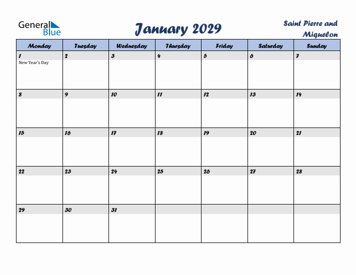 January 2029 Calendar with Holidays in Saint Pierre and Miquelon