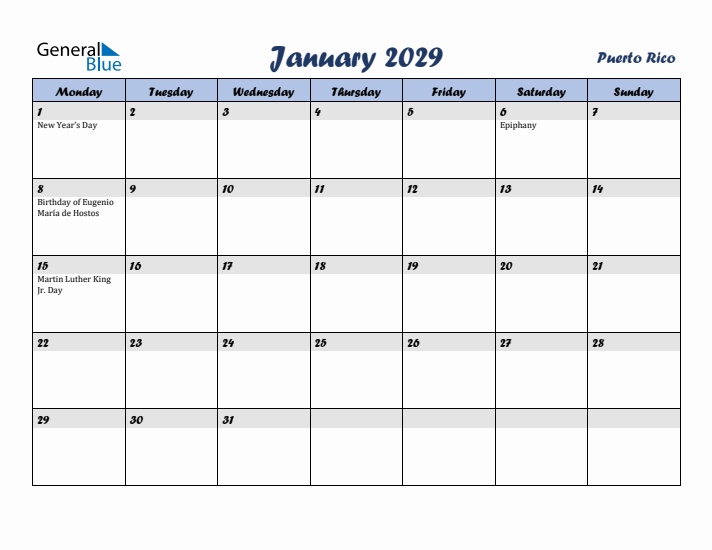 January 2029 Calendar with Holidays in Puerto Rico