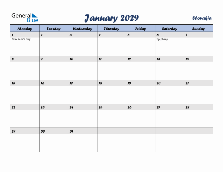 January 2029 Calendar with Holidays in Slovakia