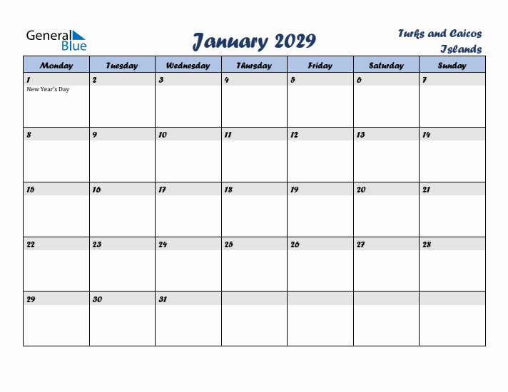 January 2029 Calendar with Holidays in Turks and Caicos Islands