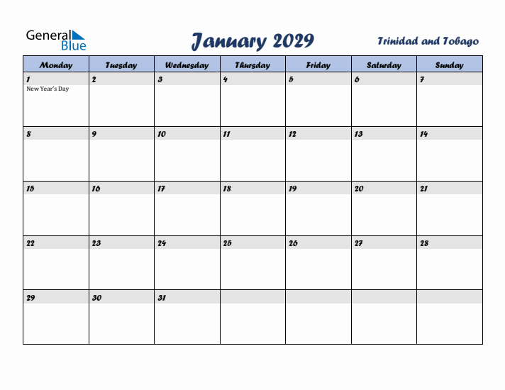 January 2029 Calendar with Holidays in Trinidad and Tobago