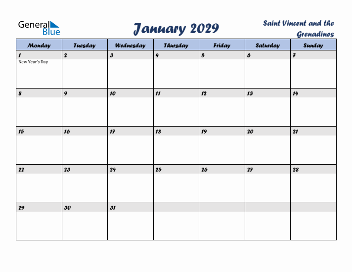 January 2029 Calendar with Holidays in Saint Vincent and the Grenadines