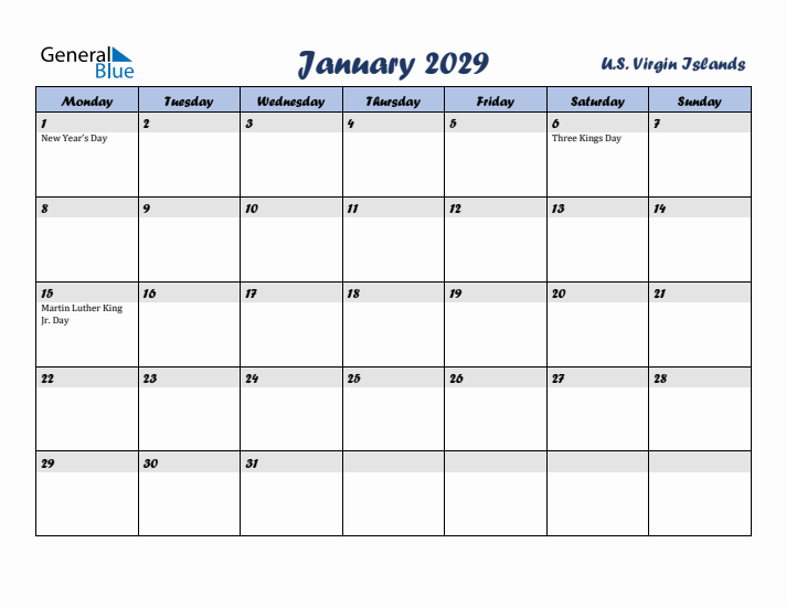 January 2029 Calendar with Holidays in U.S. Virgin Islands