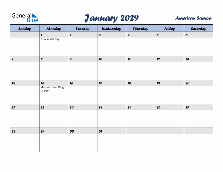 January 2029 Calendar with Holidays in American Samoa