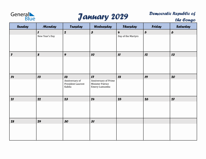January 2029 Calendar with Holidays in Democratic Republic of the Congo